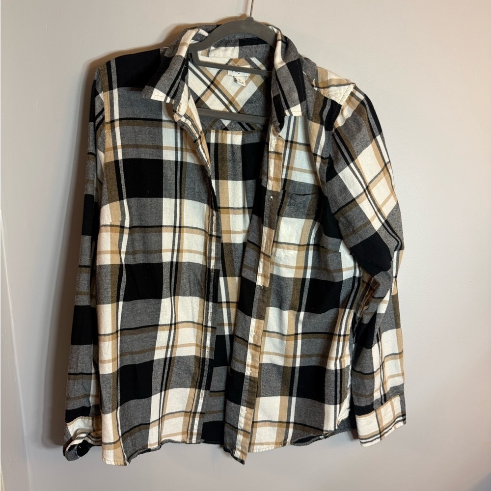 J. Crew Checkered Shirt in Black, White, and Tan.